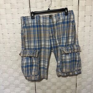 United colors of Benetton Plaid Cargo Shorts Casual Outdoor Blue Beige Size 34‎